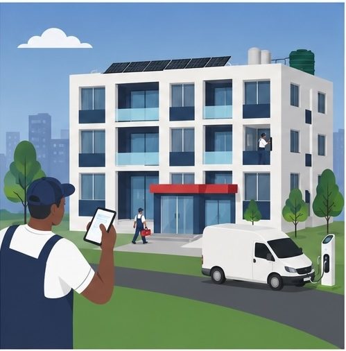 A managed apartment block with rooftop solar geysers and a shared water tank, with a Home Assist technician on site