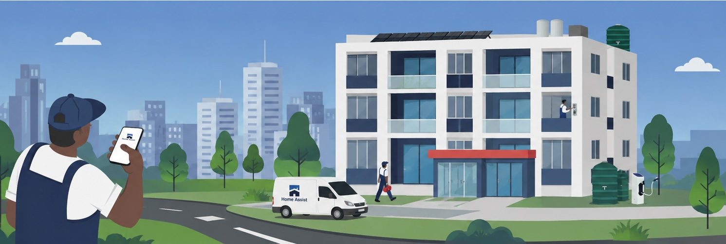 A managed apartment block with rooftop solar geysers, a Home Assist van at an electric charging point and a technician arriving with a toolbox