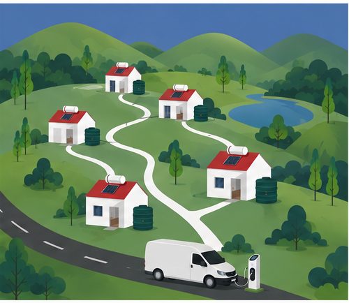 An estate of matching homes on a hillside, each with a rooftop solar geyser and water tank, served by one Home Assist vehicle at a charging point