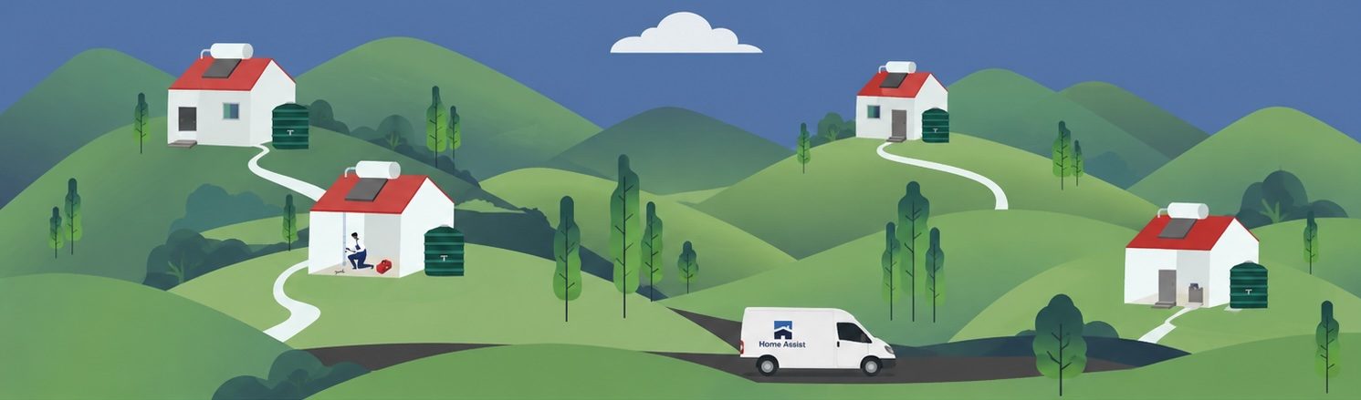An estate of matching homes across the hills, each with a rooftop solar geyser and water tank, with one Home Assist vehicle on the road between them
