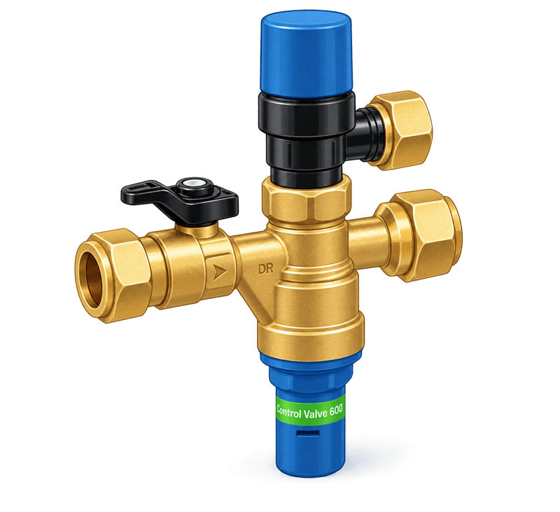 A brass geyser control valve assembly with an isolating lever, a pressure control cartridge and compression fittings