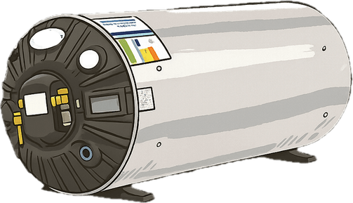 An electric hot water cylinder on its mounting feet, showing the element cover plate, thermostat access and rating label