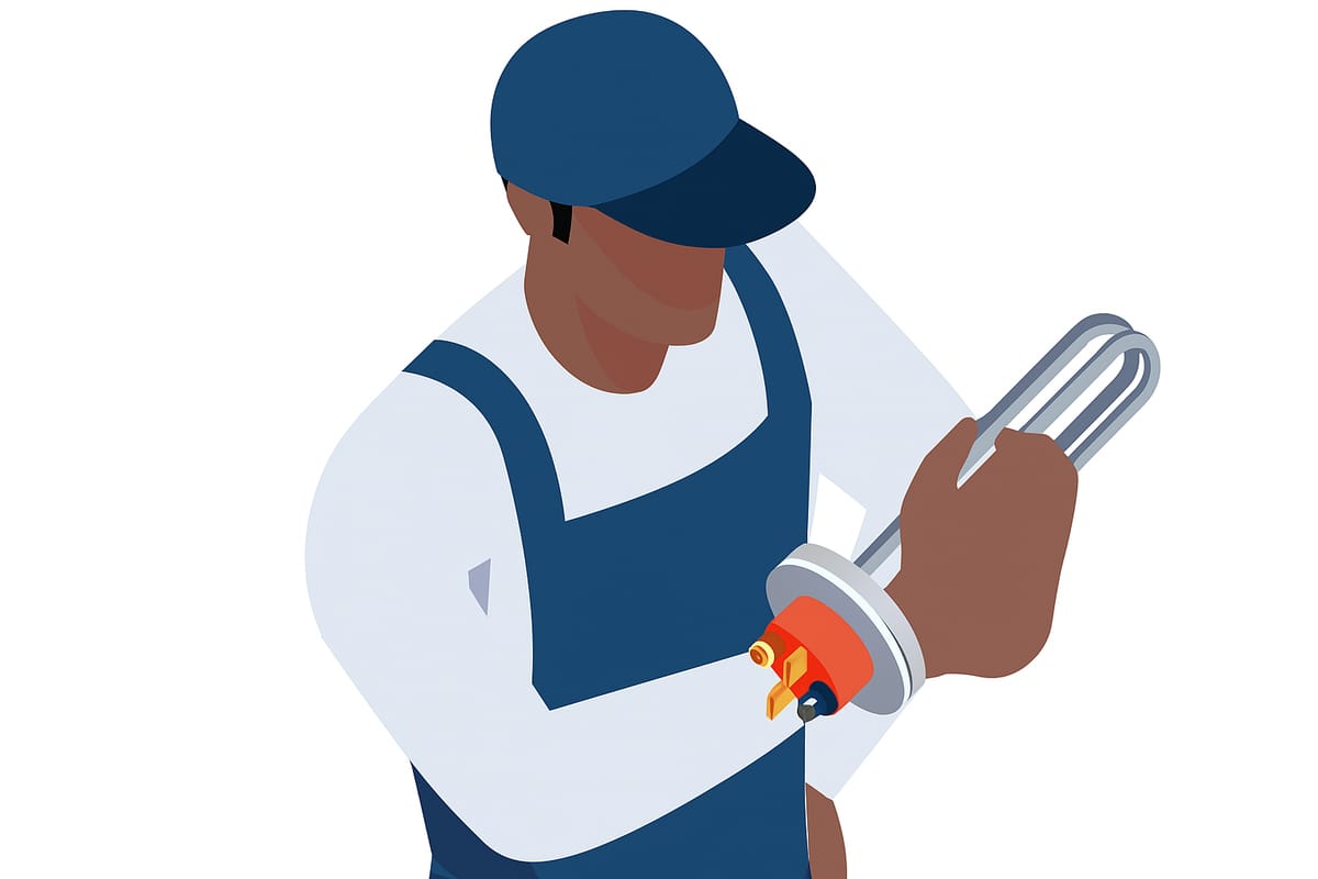 A Home Assist technician holding a replacement geyser element and thermostat assembly