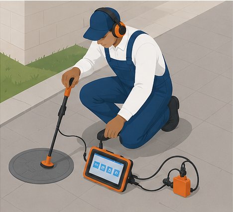 A Home Assist technician kneeling on a pavement with headphones and a ground microphone, listening for a leak on a supply line