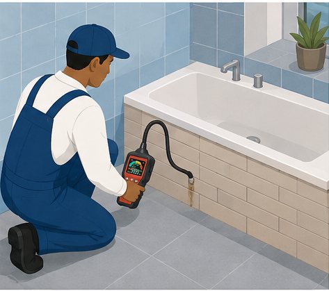 A Home Assist technician holding a gas detector with a flexible probe against the tiled panel of a bath, checking for tracer gas