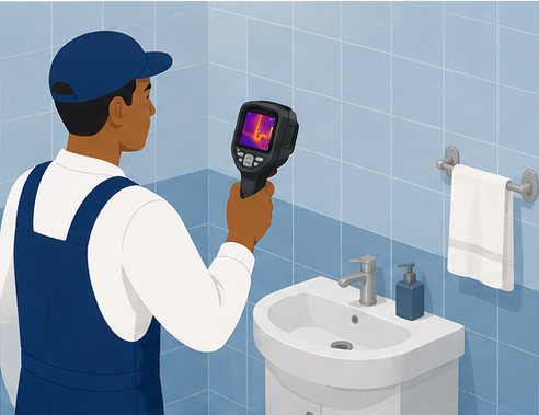 A Home Assist technician scanning the wall behind a basin with a handheld thermal imaging camera, the screen showing a heat pattern