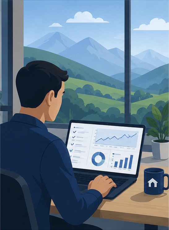 Illustration of a homeowner at a laptop reviewing water and electricity consumption charts