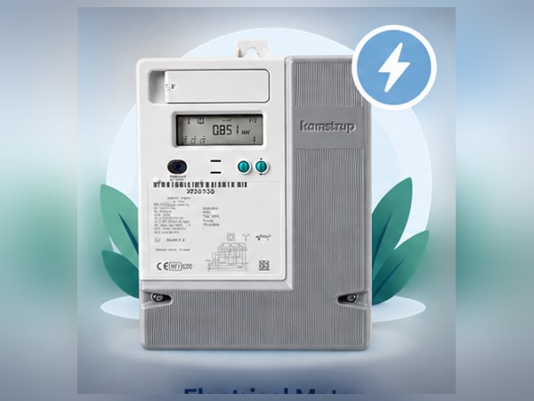 A DIN-mounted electricity meter with a digital kWh display