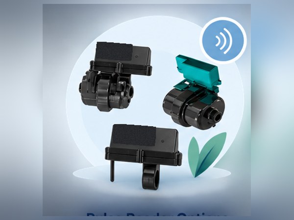 Three retrofit pulse reader mounting options for different water meter models. Supplier product photograph, shown unbranded.