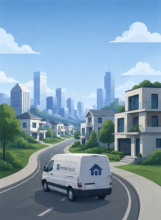 Illustration of a Home Assist service van driving through a residential suburb