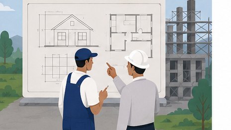 A Home Assist technician and a site manager reviewing building plans in front of a structure under construction