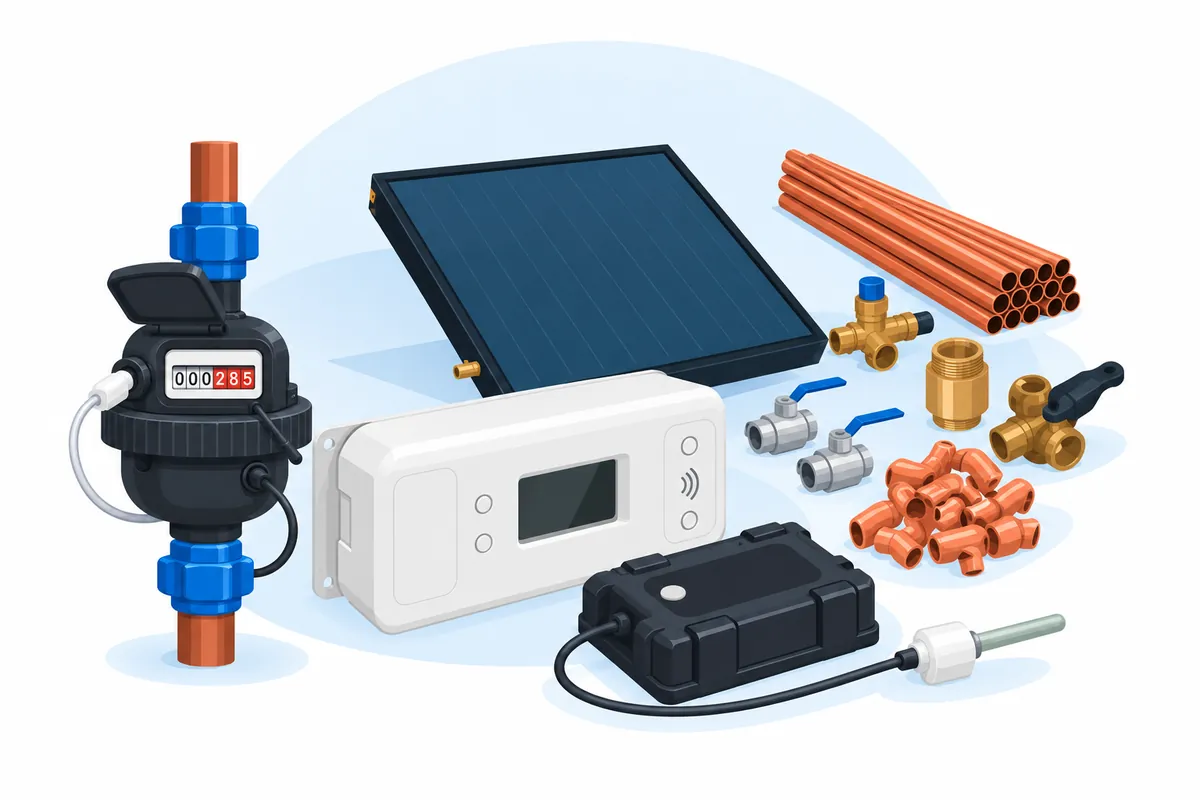 Illustration of the prizes: a smart water meter and reading devices, a flat-panel solar collector, copper pipe, valves and fittings