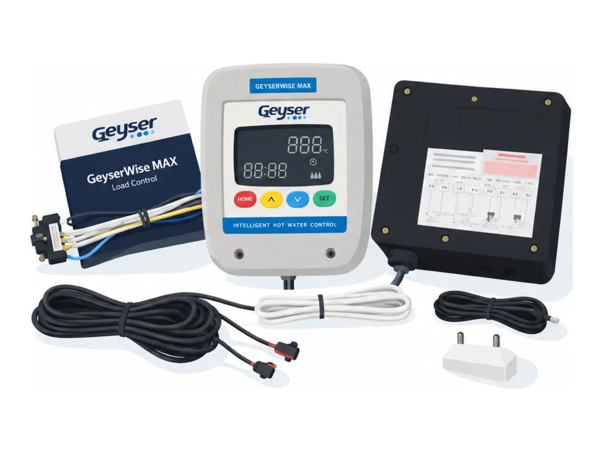 Illustration of a Geyserwise Max controller with its box, sensor cables and power plug