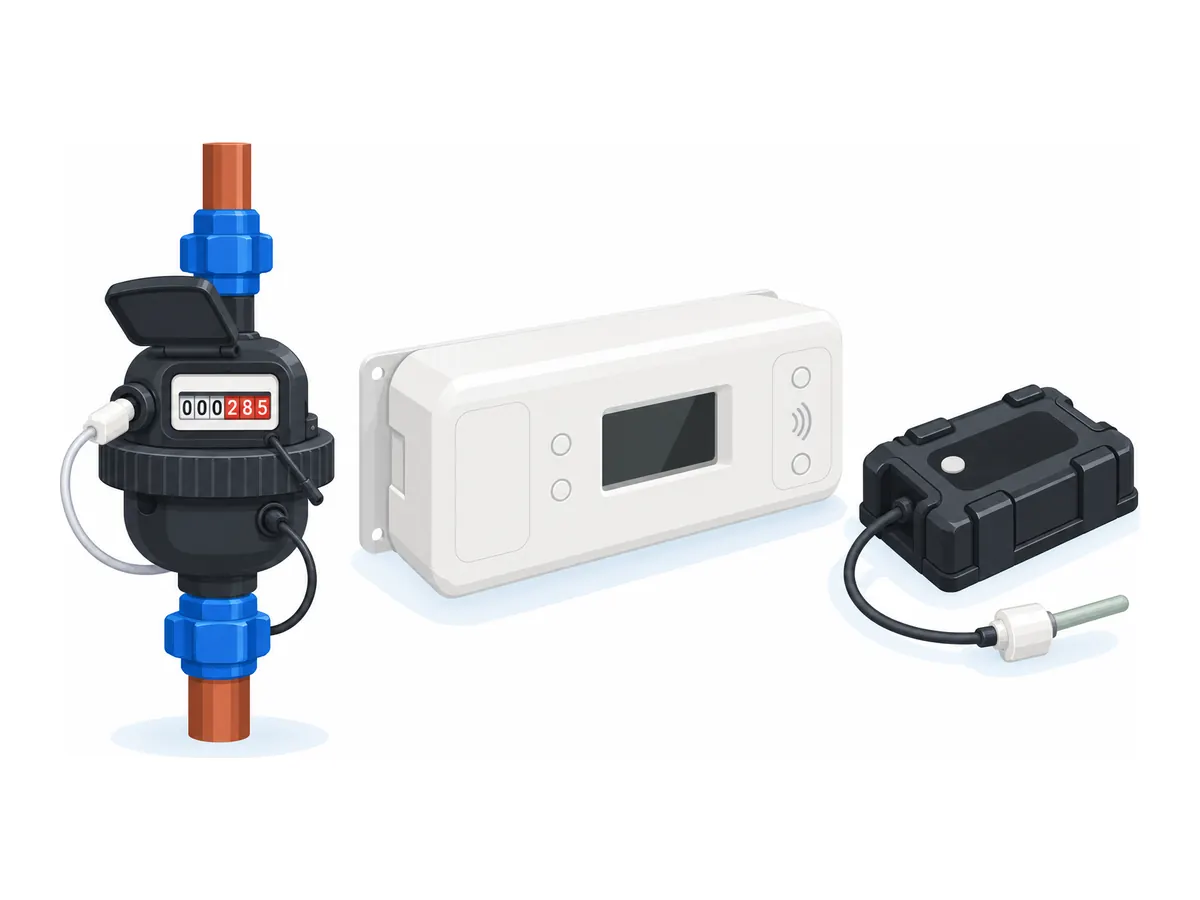 Illustration of a water meter on copper pipe, a white reading hub and a black sensor unit