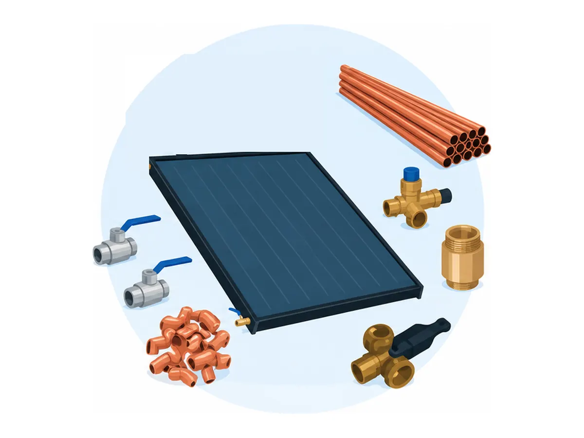 Illustration of a flat-panel solar collector with copper pipe, fittings and valves