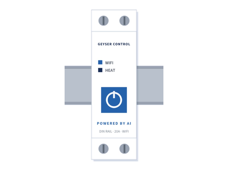 A DIN rail geyser controller clipped into a distribution board, with Wi-Fi and heat indicators and a push button on the face.
