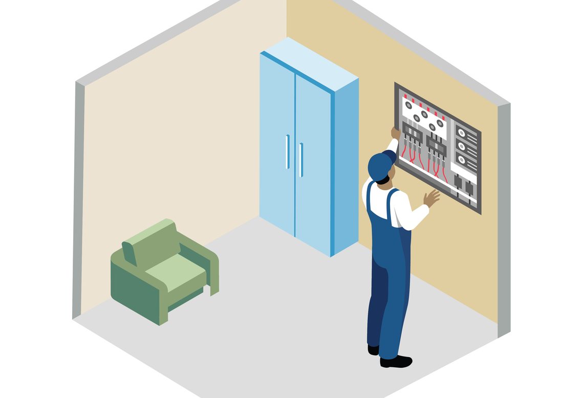 Illustration of an electrician working at a wall-mounted distribution board inside a home