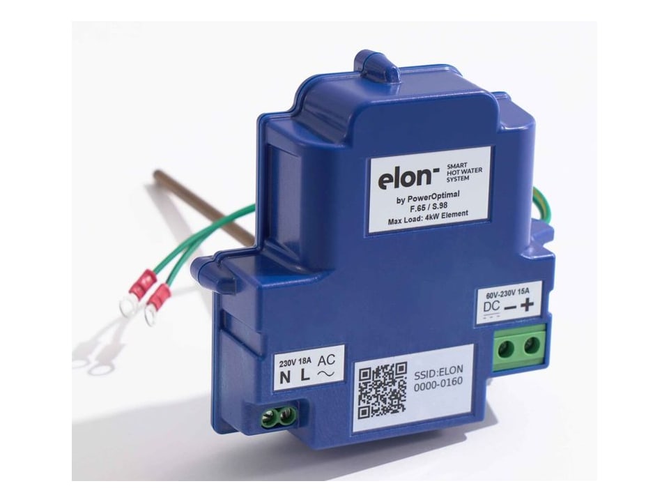 The Elon Smart unit, a compact blue enclosure with AC and DC terminal blocks and a temperature probe.