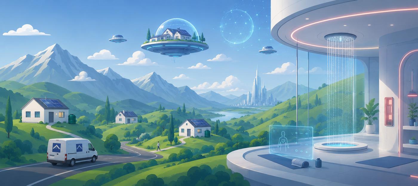 Illustration of a valley of homes with rooftop solar panels and a service van on the road, opening onto a futuristic connected home