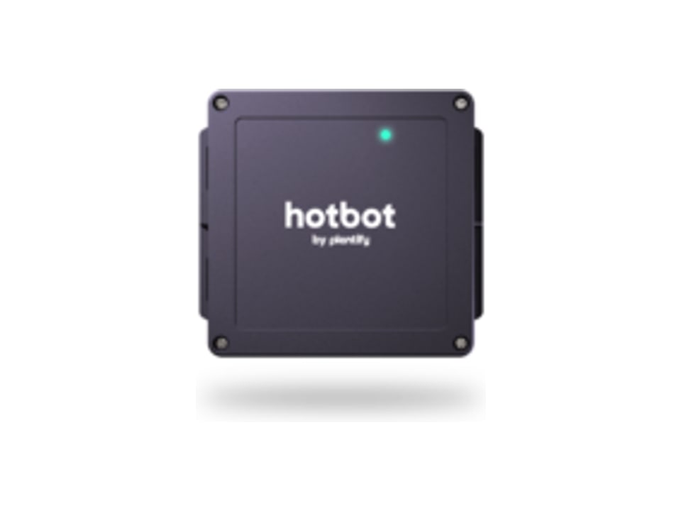 The Plentify HotBot, a flat dark controller with a status light, fitted at the geyser.