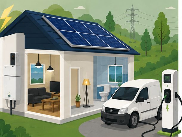 Illustration of a home with rooftop solar panels, a battery unit on the wall and an electric van charging outside