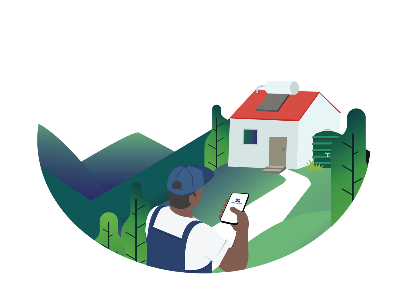 A Home Assist technician opening a job on the app outside a home
