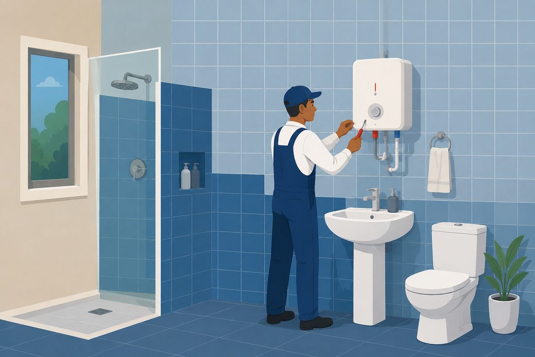 A Home Assist technician servicing a wall-mounted gas water heater in a tiled bathroom